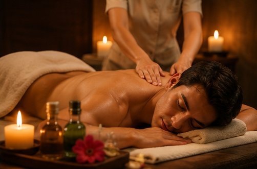 Candlelit treatment room with cream linen bed prepared for a ninety minute Russian relaxation massage in Goa