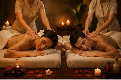 Couple massage on twin massage beds in a private spa suite in Calangute, Goa