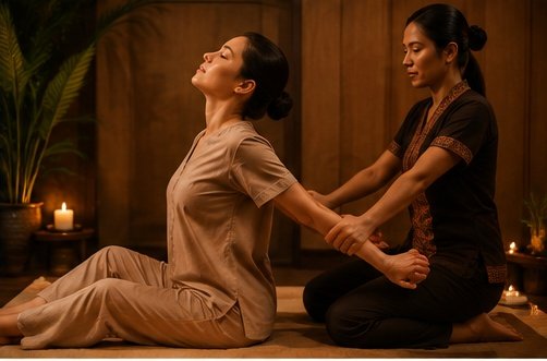 Traditional Thai massage with assisted stretching on a padded mat in Goa