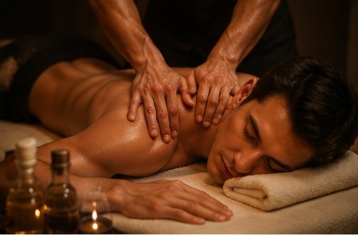 Wooden massage tools and warm basalt stones prepared for a deep tissue massage in Calangute, Goa