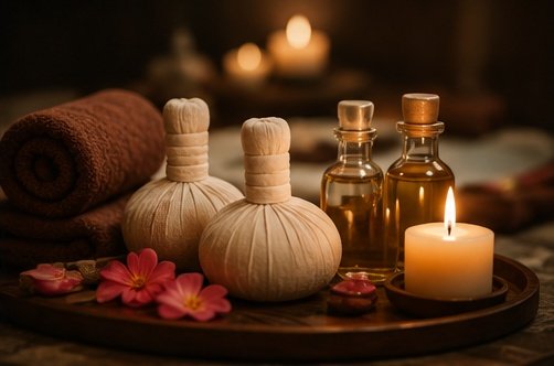 Bright tropical treatment room with coconut oil and frangipani for a Lami Lami Hawaiian massage in Goa