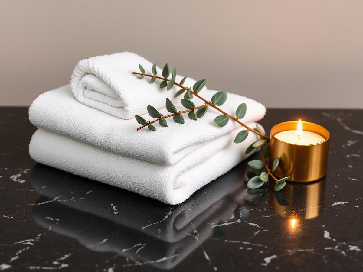 Folded white spa towels with eucalyptus and a lit gold candle