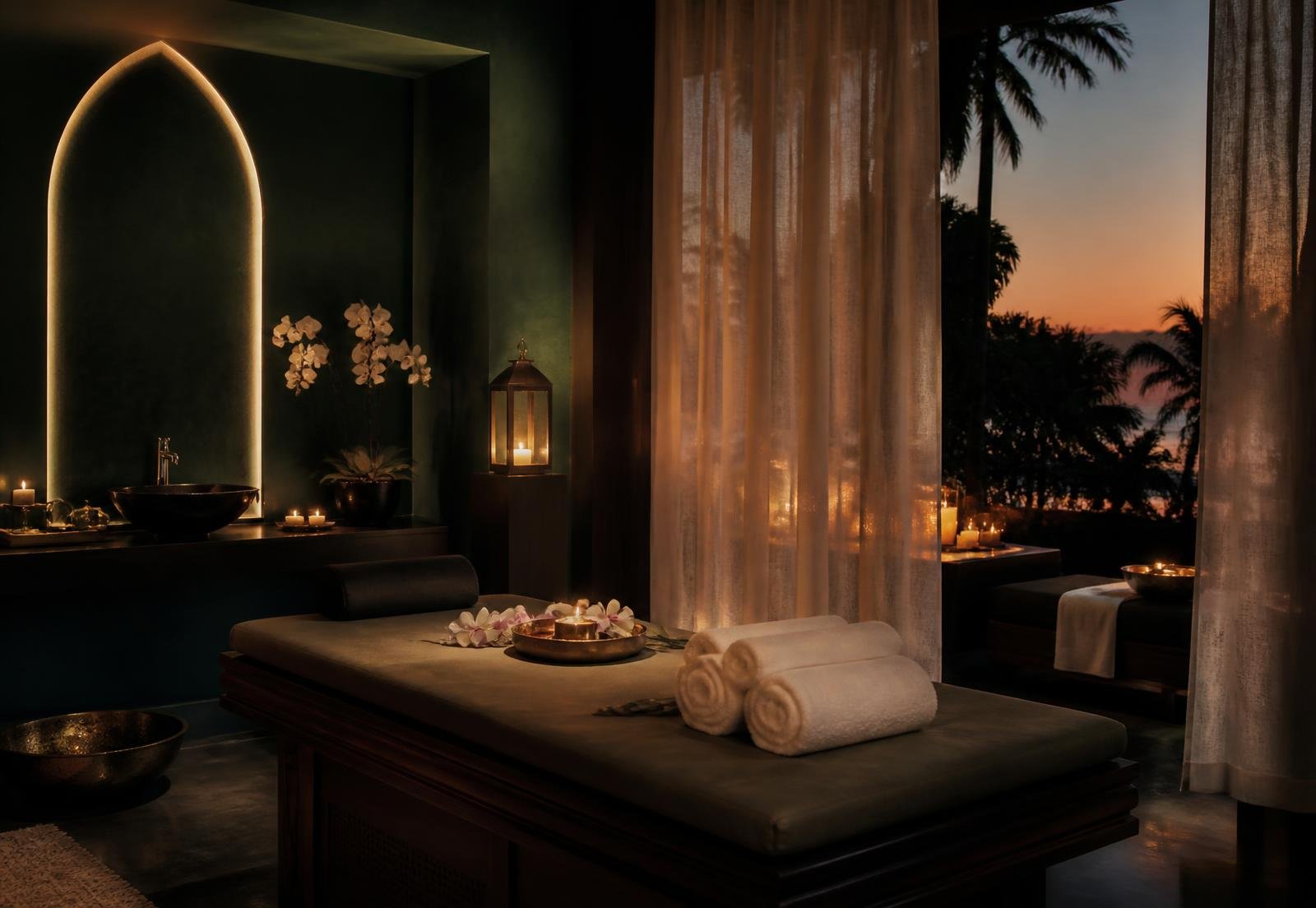 Luxury spa suite at dusk with lanterns, orchids and a view of the palms