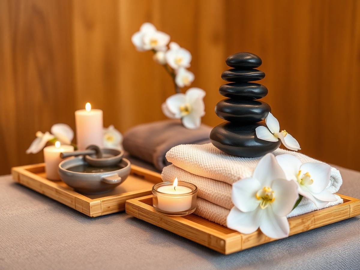 Hot basalt stones, warm towels and orchids prepared for a deep tissue massage